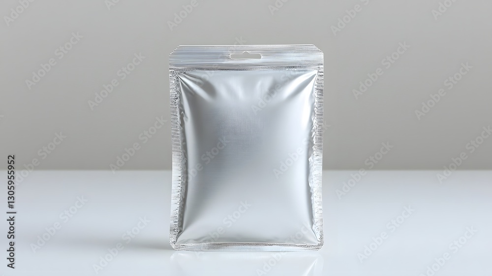 Poster 3d render of a glossy silver foil pouch with heat sealed edges isolated on a plain simple background