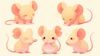Five adorable cartoon mice displaying various expressions and actions in a playful, light-colored setting