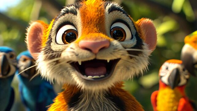 A happy cartoon tiger cub with vibrant parrots in a lush, green, jungle setting.