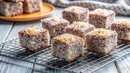 Lamingtons on cooling rack with coconut topping, Australian dessert plate, sweet treat, dessert, treat ,  dessert
