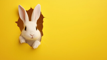 A cute white rabbit on yellow background