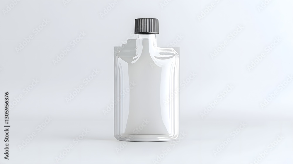 Poster 3d rendering of a clear plastic refill pouch with a matte spout cap floating on a clean white backgr