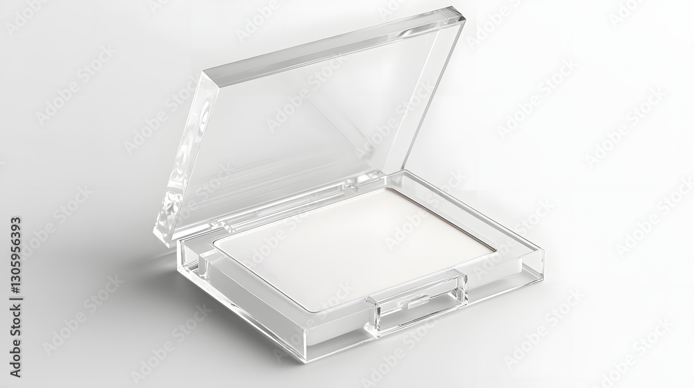 Poster 3D rendering of a clear acrylic makeup compact box with a glossy finish designed for displaying and storing powder cosmetics  The transparent container has a minimalist and modern appearance