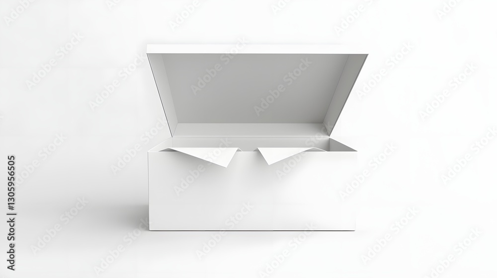 Poster 3D rendering of a minimalist paper noodle box with a blank white exterior and a simple fold over top design  The box is presented in a clean studio style setting