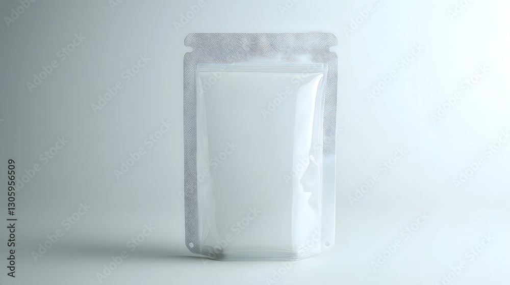 Aufkleber 3D render of a transparent stand up pouch with a matte frosted texture showcasing a simple and clean aesthetic design for product packaging or commercial merchandise display