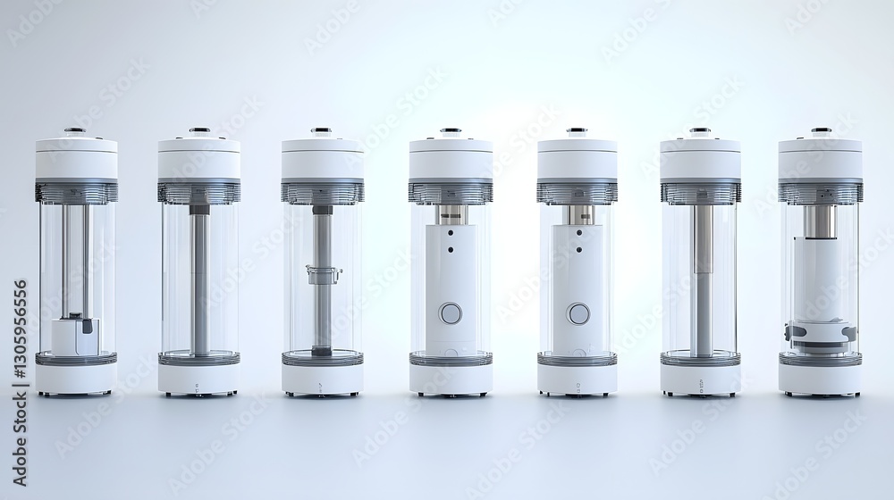 Poster 3D rendering of a modular refillable bottle system with interchangeable sections designed with a clean minimalist white finish  This innovative product concept showcases a sustainable customizable