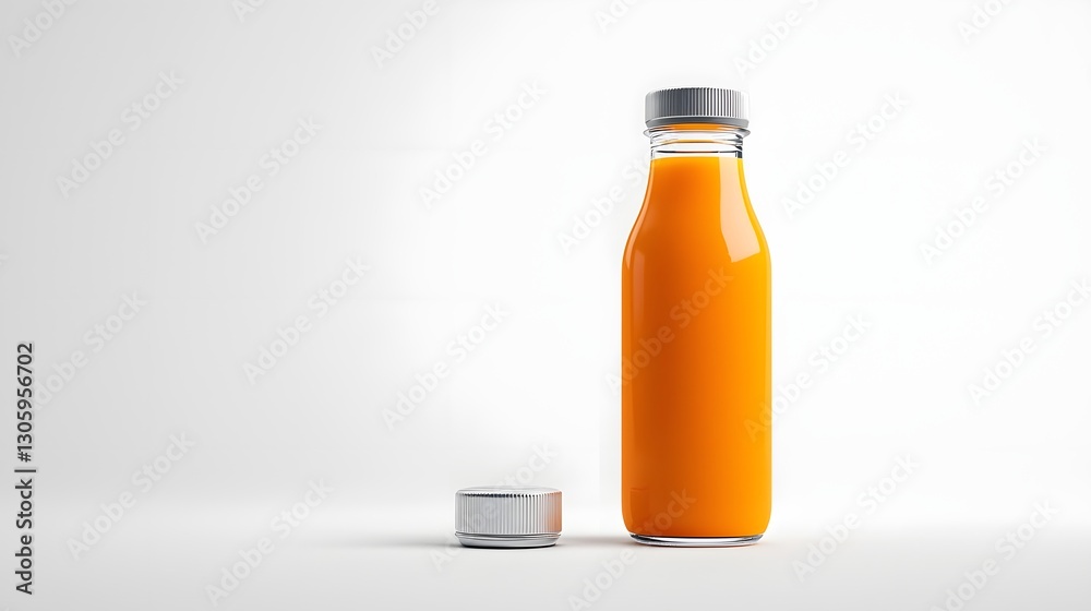 Poster A and minimalist glass juice bottle with a matte finish and a clean silver cap captured in a simple studio setting with a white background highlighting the product s elegant and modern design