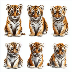 Obraz premium Collection Set of Cute Baby Tiger Cubs Illustration