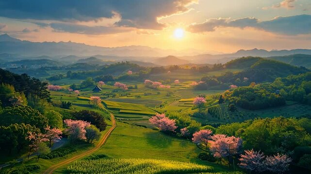 桜の花が点在する風景の空撮5