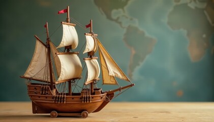Intricate wooden sailing ship model, vintage toy, brigantine, yacht, collectible