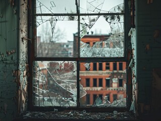 Windows with broken glass and view of destroyed buildings in soft lighting