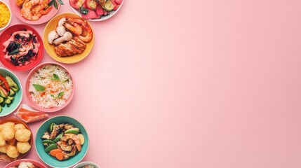 Pink Background Asian Food Flatlay Colorful Bowls of Rice, Seafood and Vegetables, Food Photography, Culinary Concept Asian Cuisine, Food Styling
