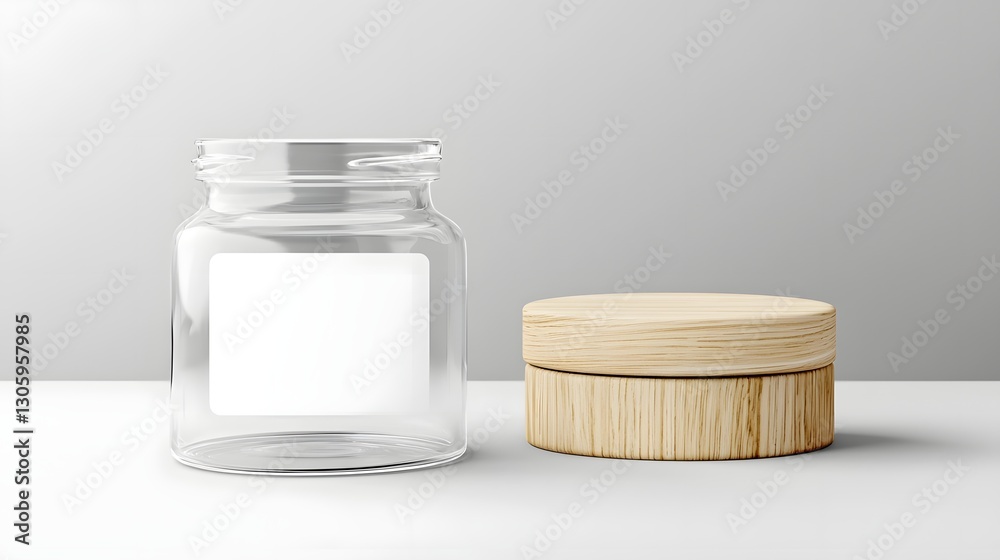 Poster a photo of a frosted glass jar with a blank label area and a smooth wooden lid placed on a tabletop 