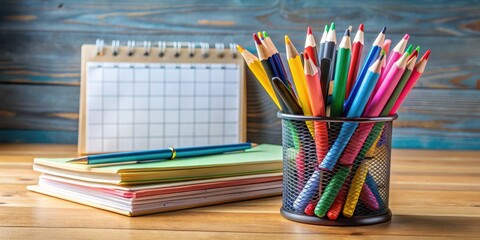 Fototapeta premium A stack of colorful pens and pencils on a wooden desk, with a few scribbled notes and a calendar in the background, classroom essentials, educational supplies