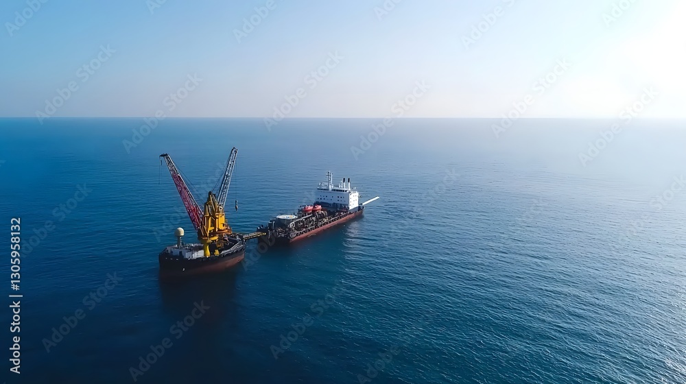 Poster a photo of a fuel barge refueling a distant offshore oil and gas platform in the open blue sea with 