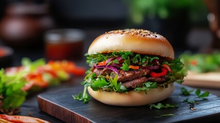 Gourmet Beef Burger Close-up Composition with Fresh Herbs and Sesame Bun, food photography, burger recipe burger recipe, food photography