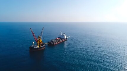 Fototapeta premium A photo of a fuel barge refueling a distant offshore oil and gas platform in the open blue sea with cranes and other visible on the platform