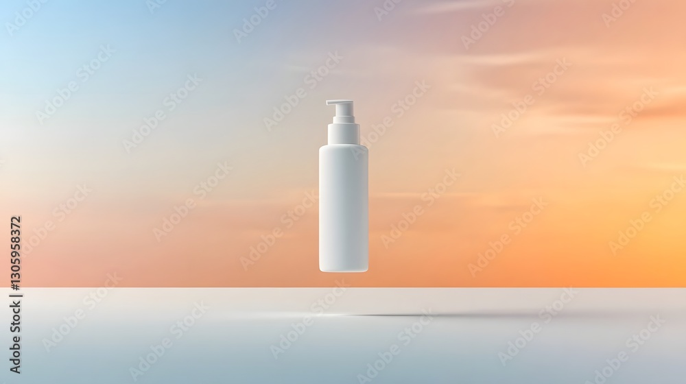 Poster a photo of a matte white plastic pump bottle with a clean cylindrical shape floating on a soft gradi