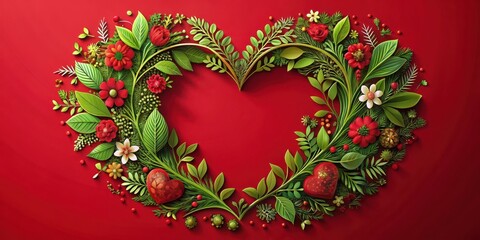 Decorative heart shape with floral patterns in a vibrant red background