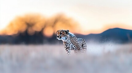 Cheetah Running Across African Savanna at Sunset