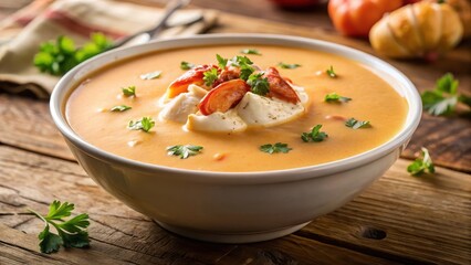Creamy lobster bisque soup with chunks of lobster meat and a dollop of cream on top, lobster bisque soup, comfort food