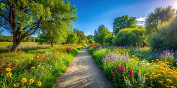 Serene tree-lined path winding through lush greenery and vibrant wildflowers under clear blue sky , tree lined path, scenic park walkway