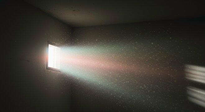 Ray of Hope: Sunlight streams through a window, illuminating dust motes and creating a vibrant spectrum of colors.