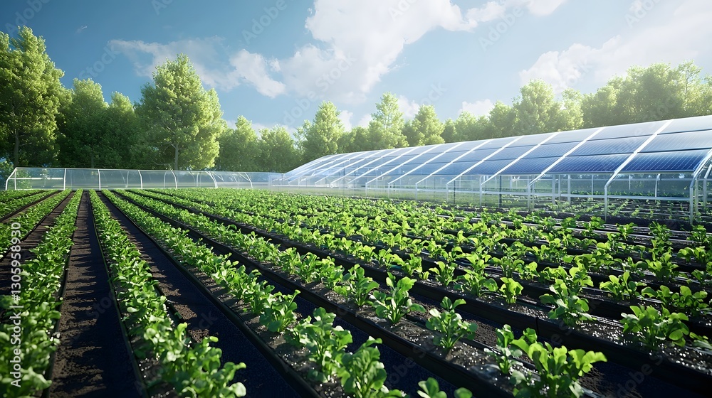 Aufkleber a photo of a solar powered greenhouse featuring energy efficient panels on the roof and rows of thri