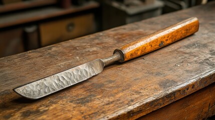 Old wooden-handled chisel rests on worn wood. Shows craftsmanship, woodworking tools, and vintage feel.