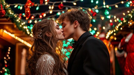 Fototapeta premium Romantic New Year s Eve Kiss Under Festive Lights