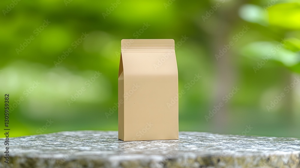 Poster a photo showcasing a compostable kraft paper pouch with a matte finish displayed against a natural s