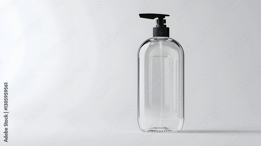 Aufkleber A photograph of a clear plastic shampoo bottle with a flip top cap resting on a plain white background  The bottle is simple and minimalistic in design showcasing the transparency of the container