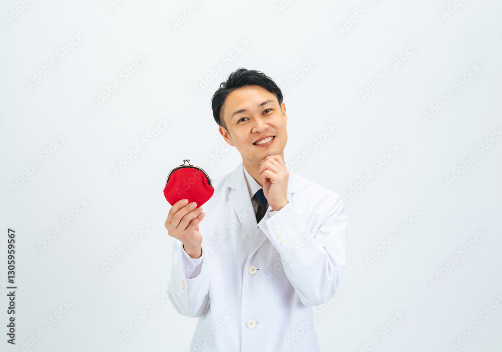 Aufkleber 財布を持って想像する白衣のミドルエイジ男性　医師　科学者
