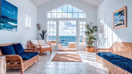 Fototapeta premium Ocean View Beach House Living Room Coastal Retreat Summer Vacation Home