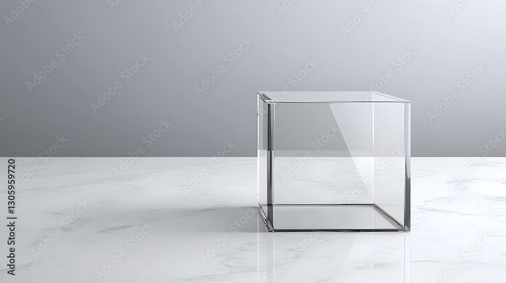 Poster a photograph showcasing a clear acrylic cube shaped box displayed on a white marble surface in a min