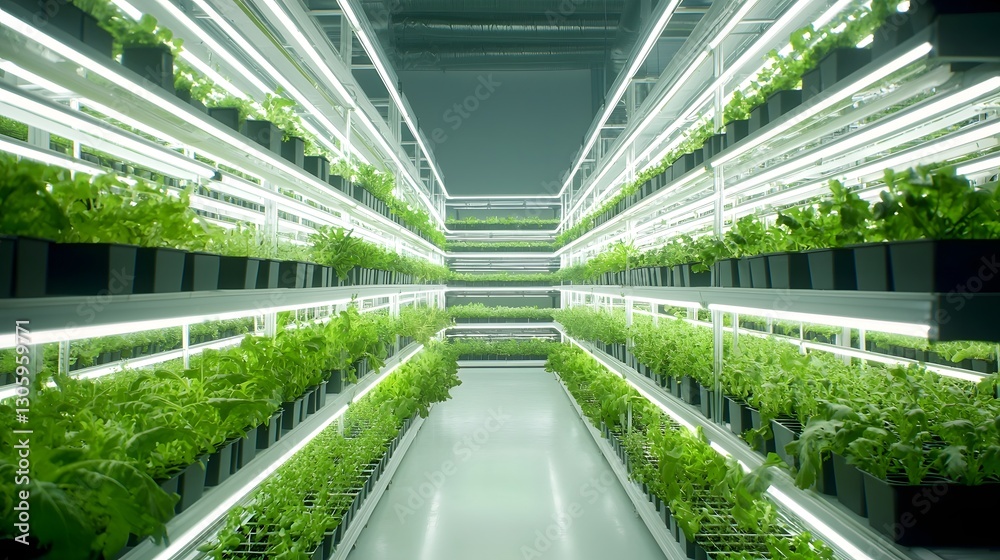 Poster a photograph showcasing a futuristic vertical farming setup inside a sleek modern greenhouse featuri
