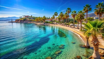 Sunny day at a beautiful coastal town in Turkey with crystal clear blue waters and sandy beaches, palm trees swaying gently in the breeze, sandy beach, Mediterranean coast