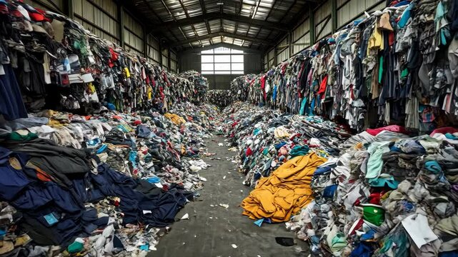 Textile waste accumulates in a large warehouse, highlighting the need for sustainable practices in the fashion industry