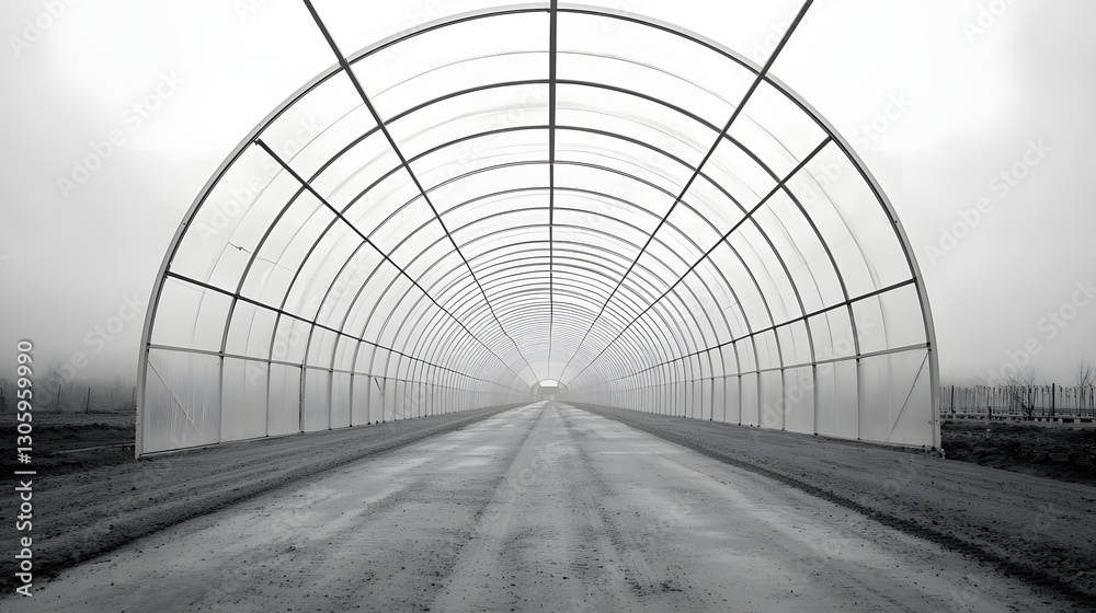 Aufkleber A sleek minimalist monochrome image focusing on the structure and geometric patterns of a greenhouse  The architectural design and symmetry create a visually striking and abstract composition