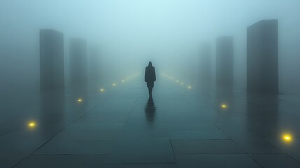 Lone Figure in Foggy Pathway