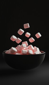 Sweet marshmallow smooth snack candy on black matte ceramic bowl floating on air