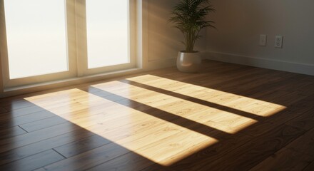 Fototapeta premium Indoor Serenity: Rays of sunlight stream through a large window, illuminating a wooden floor with elongated sunbeams, complemented by a potted plant, creating a sense of peace and tranquility indoors.