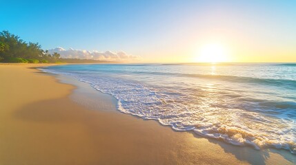 A serene tropical beach at sunrise with golden sands, perfect for relaxation and escape.