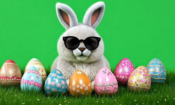 Playful Easter bunny with sunglasses, surrounded by colorful eggs, on green grass