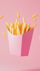 Crunchy potato stick salty snack on pink paper packaging
