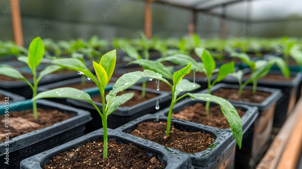 Poster automated greenhouse irrigation system delivering precise water droplets to each plant for optimal g