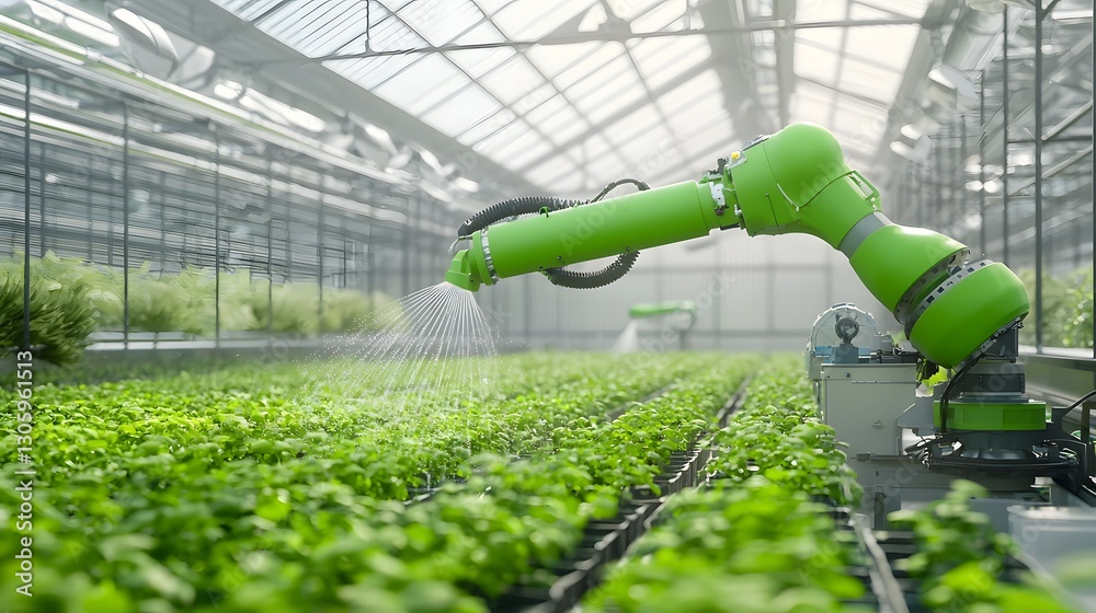 Poster automated greenhouse irrigation system precisely delivering water droplets to each plant for optimal