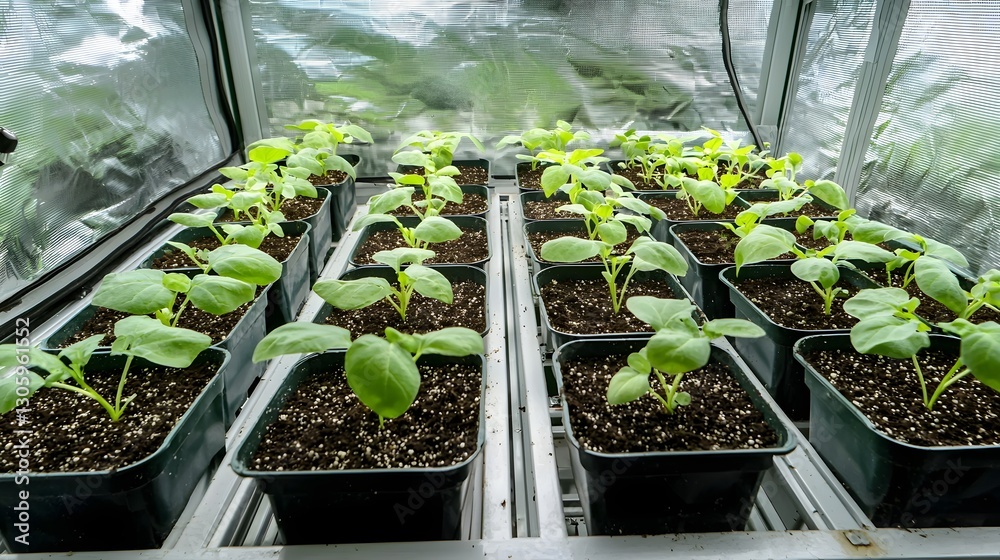 Poster Automated greenhouse with precision climate control misting systems and rows of young seedlings thriving under optimized lighting for efficient sustainable crop cultivation