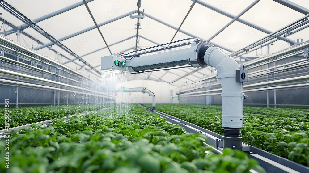 Aufkleber Automated irrigation system precisely delivering water droplets to each plant in a high tech climate controlled greenhouse environment for optimal growth and resource efficiency