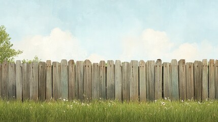 A charming wooden fence along a peaceful grassy expanse, with space for text in the upper right corner, evoking rural serenity